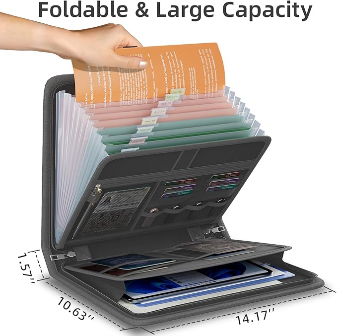 Fireproof Accordion File Organizer, Portable Expanding File Folder with Waterproof Zipper&Labels, Dark Gray Document Organize