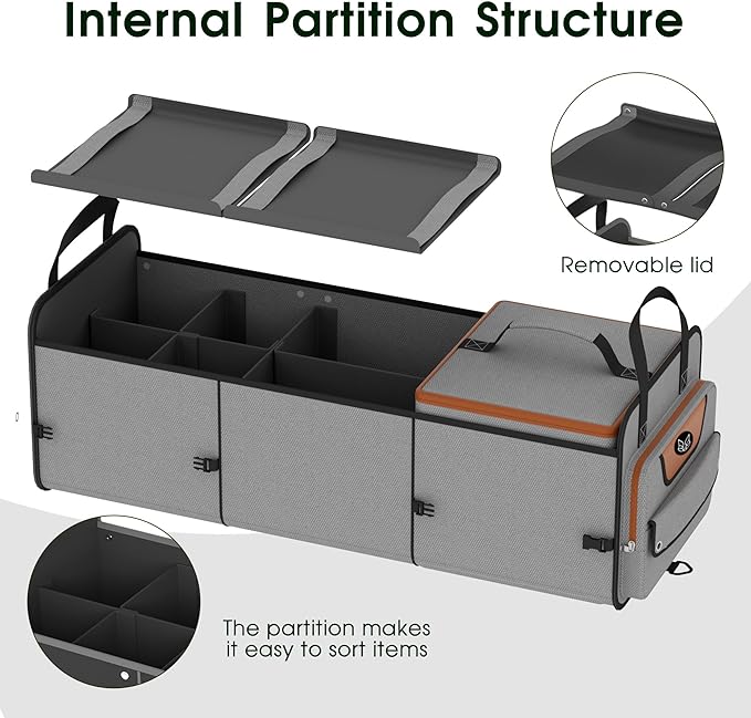 Car Trunk Organizer for SUV, Heavy Duty Waterproof Trunk Organizer, Foldable Collapsible Car Organizer with Cooler, Multi-Comp