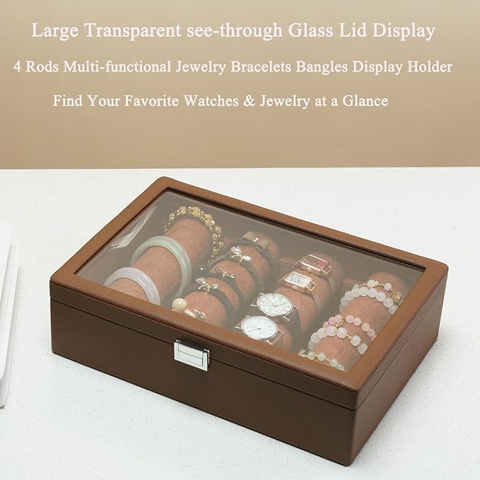 Bracelets Organizer Rods Bangles Display Holder, Clear See through Lid Leather Velvet Jewelry Storage Box Case for Women, 4 R