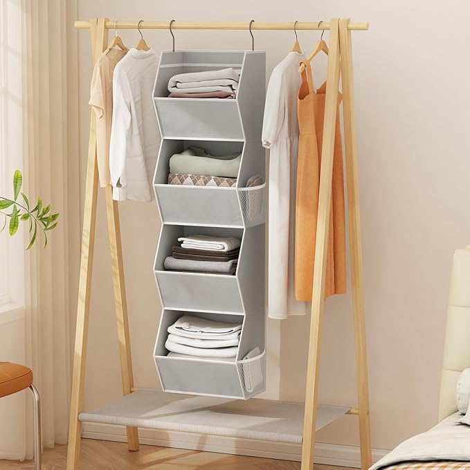 Hanging Closet Organizer 4 Shelf Collapsible Bedroom Closet Organizers and Storage Hanging with Mesh Pockets for Clothes, Fab