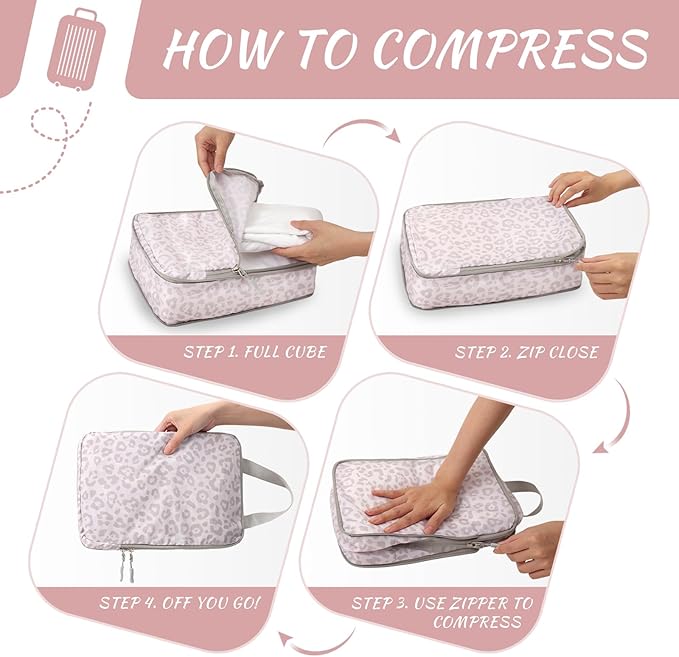 WOOMADA Compression Packing Cubes for Suitcases Travel Essentials 4 Set Expandable Travel Bags Organizer for Luggage(pink leo