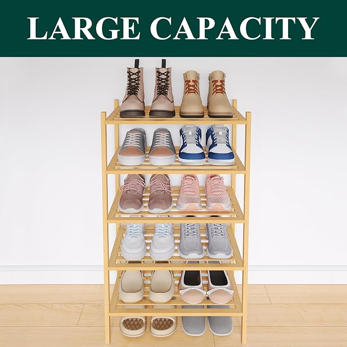 Smiry Small Bamboo Shoe Rack 5-Tier, Stackable Wooden Shoe Organizer for Entryway & Closet, Free Standing Wood Shoe Storage S