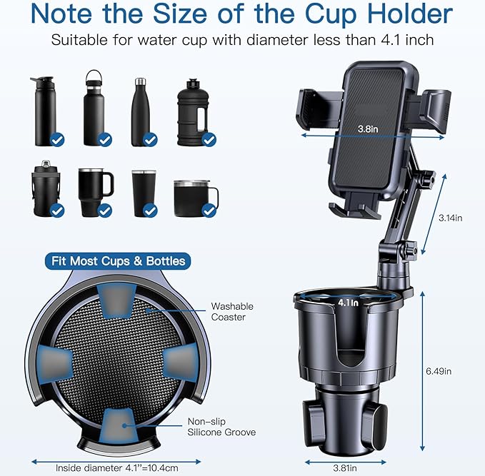 Car Cup Holder Phone Mount, 2 in 1 Cup Holder Cell Phone Holder with Expander Adjustable Base for Car,360°Rotation Phone Moun