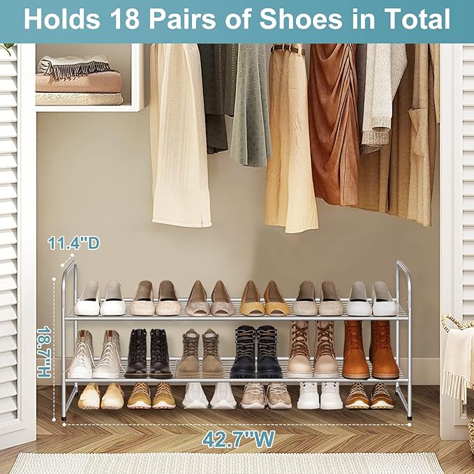 AOODA 2 Tier Long Metal Shoe Rack for Closet Wide Stackable Shoe Storage Organizer 18-Pairs Low Small Sneaker Rack for Entryw