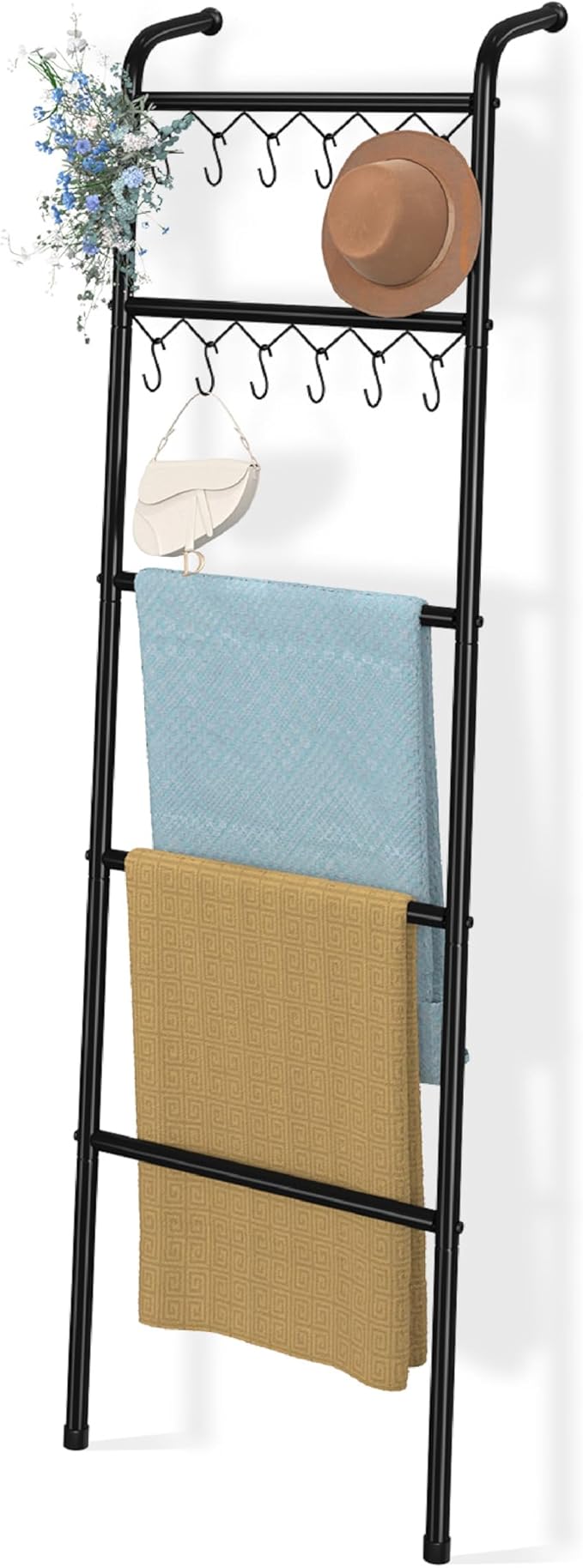 Simple Trending Blanket Ladder，5 Tier Metal Towel Rack with 12 Hooks, 79'' Metal Style Decorative Ladder for The Living Room 
