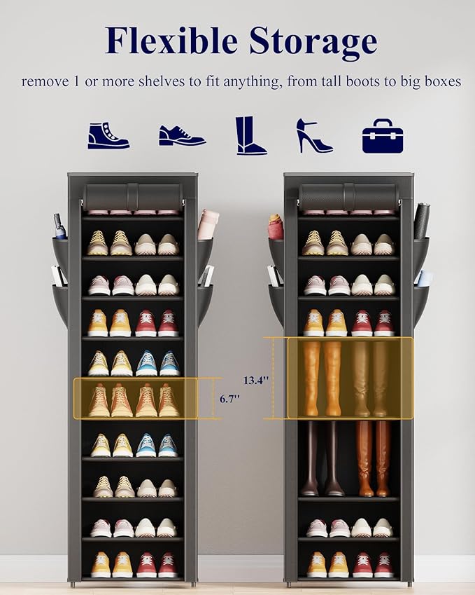 Kitsure Shoe Rack - 10-Tier Large Capacity Shoe Organizer Shelf with Dust Cover & Side Pockets, Rust-Proof Metal Shoe Rack fo