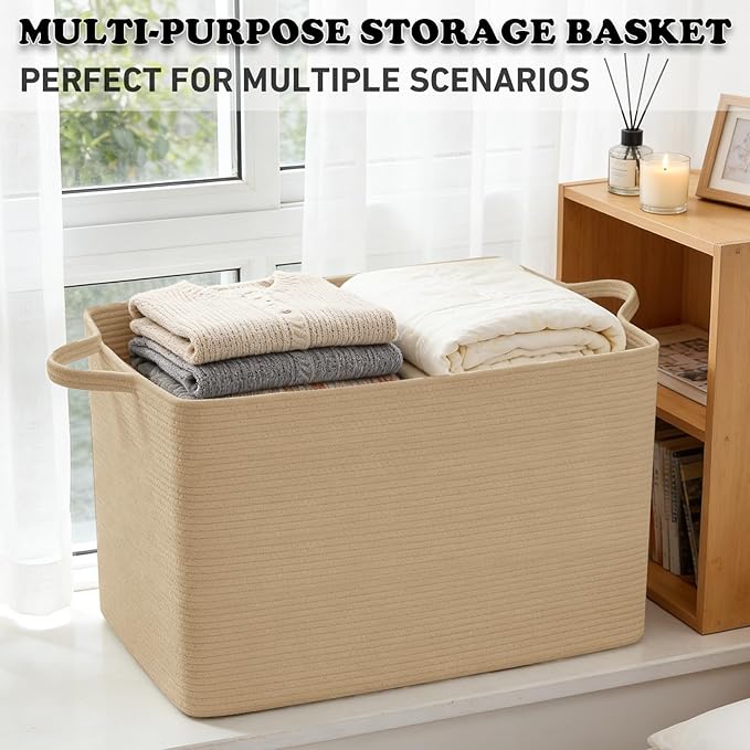 96L Large Blanket Basket,24"x16"x15"Rectangle Storage Bin with Handles,Woven Rope Laundry Basket for Toys, Clothes,Magazines,