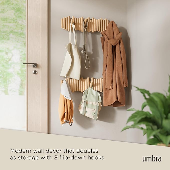Umbra Picket Coat Rack with 8 Hooks – Natural Wall-Mounted Coat Rack with Flip-Down Wooden Hooks, Real Pine Wood Decorative W