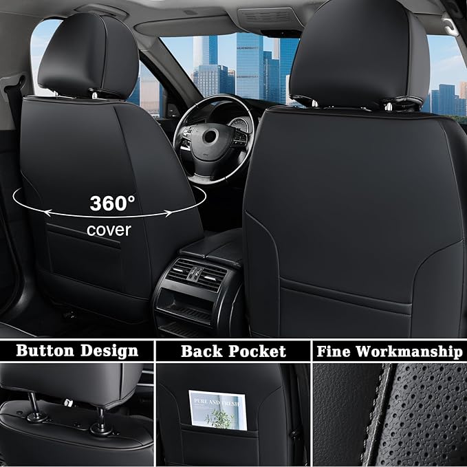 Coverado Car Seat Cover, Black Seat Cover for Cars, Luxury Leather Seat Covers Full Set with Embossed Pattern, Waterproof Car