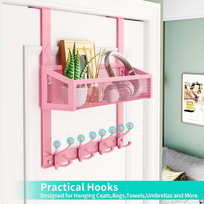 HapiRm Over The Door Hooks - Easy Installation Pink Door Hanger with Basket and 16 Hooks, 304 Stainless Steel Storage Organiz