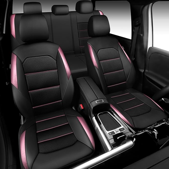 CAR PASS Memory 3D Foam Car Seat Covers Full Set, Breathable Mesh Thick Seat Covers for Car, Pink Metal Film Leather Seat Cov