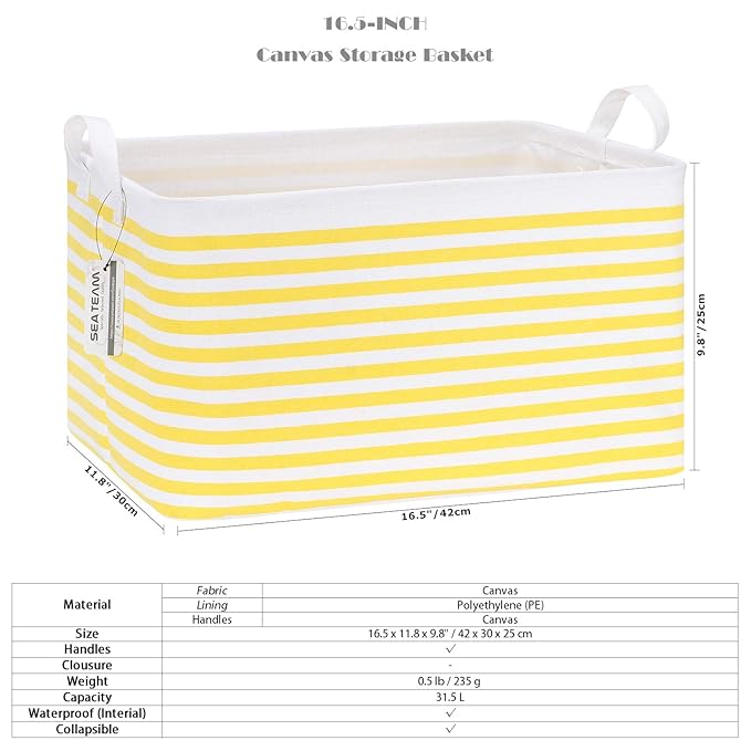 Sea Team 2-Pack Collapsible Canvas Fabric Storage Basket with Handles, Rectangle Waterproof Storage Bin, Box, Cube, Foldable 
