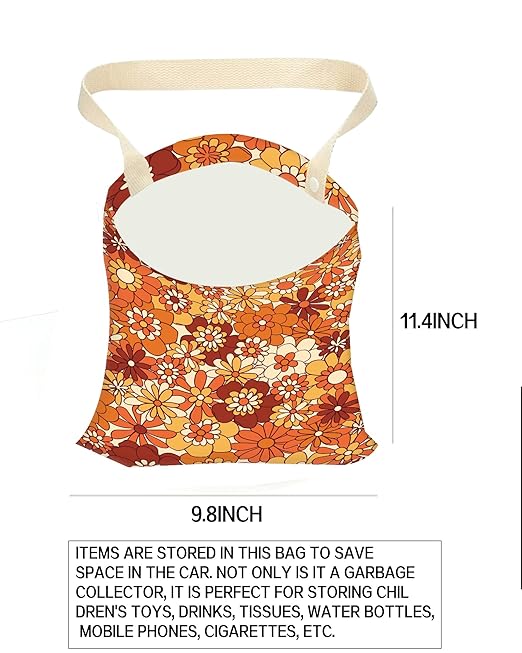 Car Trash Can, Durable Hanging Car Trash Garbage Bag, Cute Automotive Garbage Cans Organizer, Boho Orange Flowers