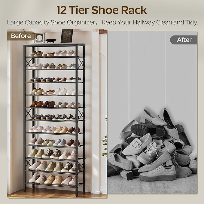 YATINEY 12 Tier Shoe Rack, Large Capacity Shoe Storage Organizer Holds 48 Pairs, Sturdy and Stable, for Entryway, Hallway, Cl