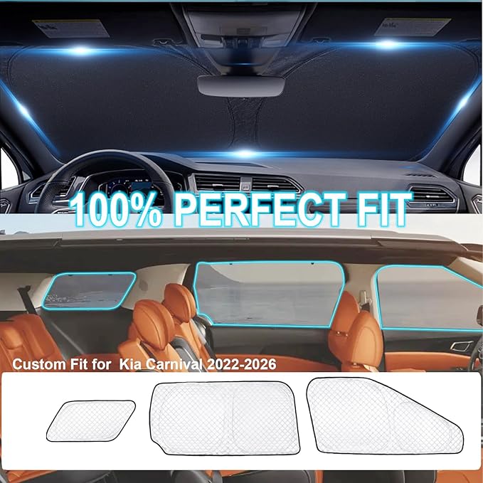 KMF 8pcs Thicken Sun Shades for Kia Carnival 2022-2025 2026 Accessories, Full Car Window Covers Sunshade for Windshield Side Rear, UV Block and Privacy Blackout for Car Camping Outdoor