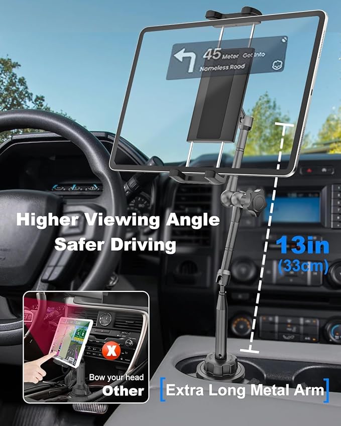 Heavy Duty Cup Holder Tablet Mount wiht Adjustment Metal Arm, iPad Cup Holder Mount for Suvs, Trucks, Compatible with iPad Pro Air Mini, iPhone, Galaxy Z Fold, 4-13" Devices