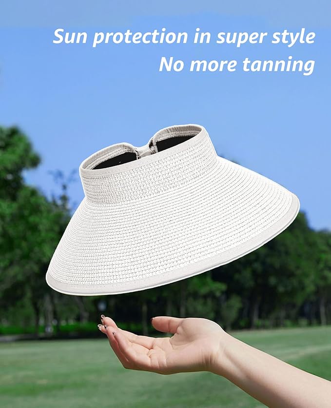 Sun Visor Hat for Women, Wide Brim Straw Summer UV Protection Hat, Foldable Roll-up Packable Beach Cap