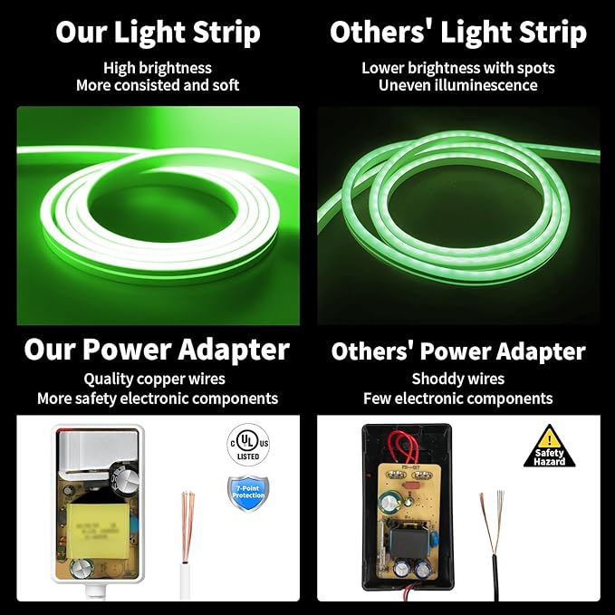 iNextStation 12V Green LED Strip Lights 16.4FT, Flexible Silicone Neon Rope Light with Power Adapter, Waterproof, Cuttable, Dimmable & Linkable, LED Lights Strip for Bedroom, Kitchen(with Plug)