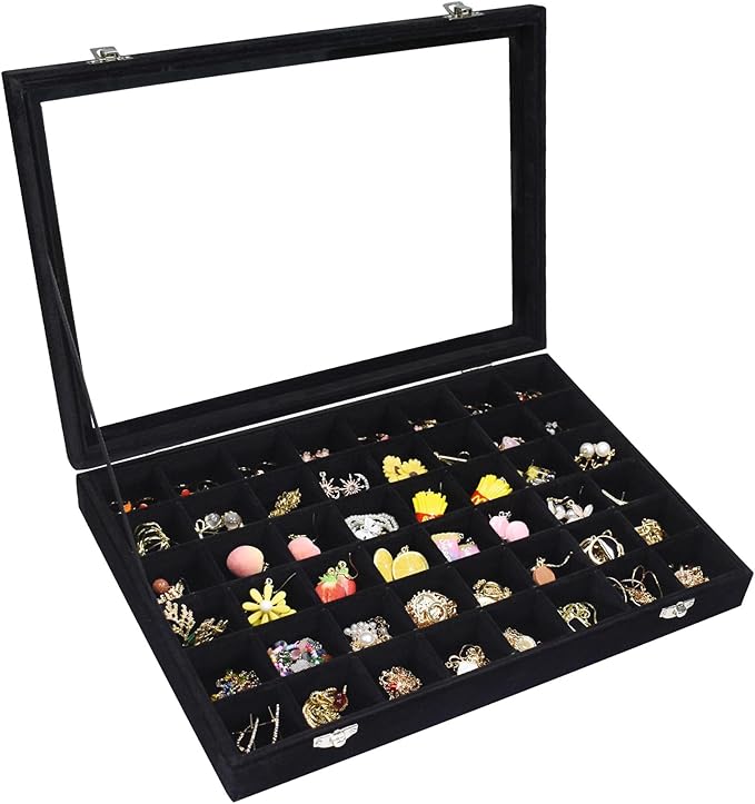Vicoter Velvet Jewelry Tray 48 Compartments Jewelry Display Organizer with Transparent Cover Rings, Earrings, Necklaces, Pend