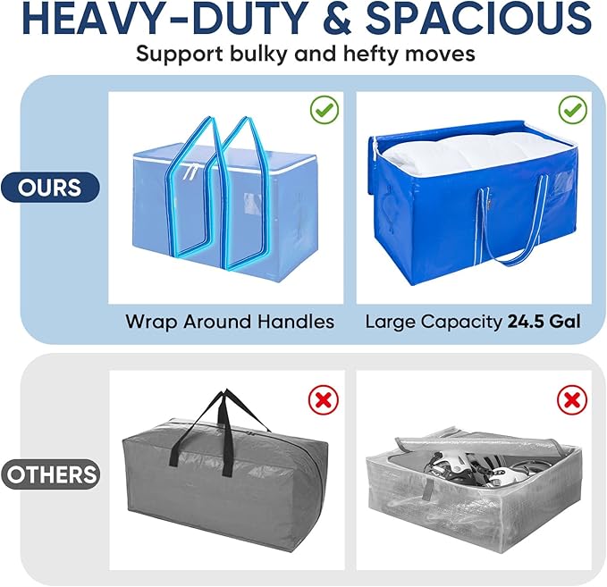 BALEINE 2-Pack Oversized Moving Bags with Reinforced Handles, Heavy-Duty Storage Tote for Clothes, Moving Supplies (Royal Blu