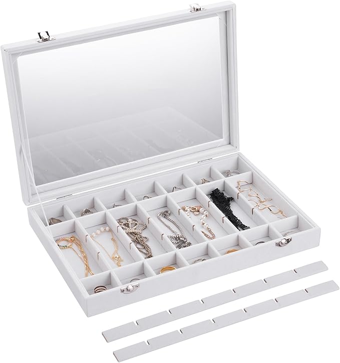 Frebeauty Velvet Jewelry Tray,35 Grid Jewelry Organizer with Clear Lid,Earring Holder Organizer Case with Clasp,Drawer Insert