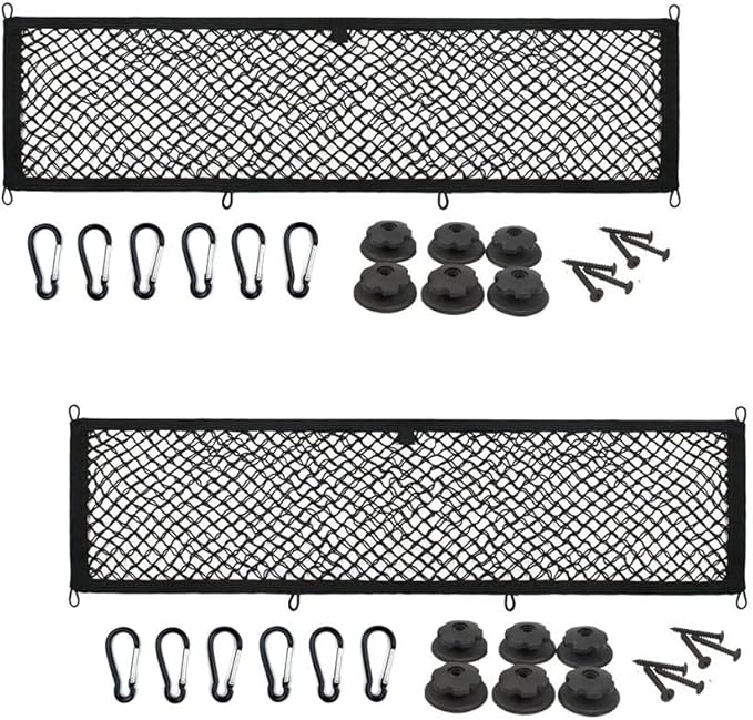 [2 PACK] JAVOedge Extra Large Cargo Net for Car, SUV, Truck, RV, Boat – Elastic Storage Mesh Organizer with Built‑In Hooks, 12 Screws & 12 Carabiners – Heavy‑Duty Trunk Cargo Net & Vehicle Storage Bag