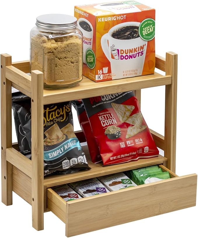Sorbus Bamboo Bathroom Counter Organizer – 2-Tier Shelf with Hidden Drawer for Vanity, Matcha Station, Bathroom Sink Organize