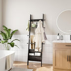 ELYKEN Blanket Ladder, 5-Tier Farmhouse Wooden Rack with Synthetic Leather Pocket, 4 Removable Hooks, Decorative Leaning Ladd