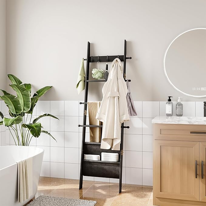 ELYKEN Blanket Ladder, 5-Tier Farmhouse Wooden Rack with Synthetic Leather Pocket, 4 Removable Hooks, Decorative Leaning Ladd