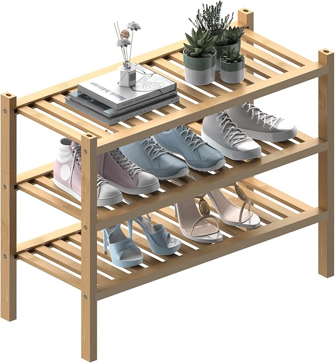 ROMGUAR CRAFT (Thick Bamboo Shoe Rack for Entryway, 3-Tier Free Standing Shoe Racks Stackable Shoe Rack Organizer for Hallway
