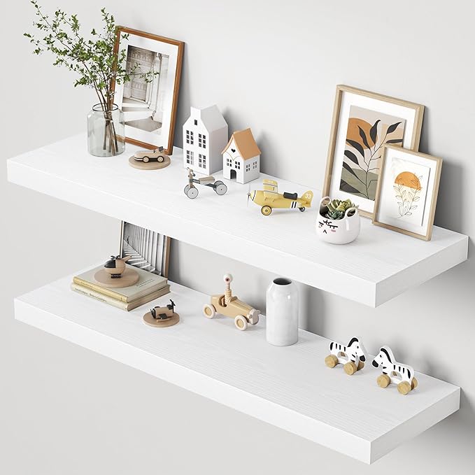 Dreamland 48" Floating Shelves for Wall, 12" Deep Thicker White Floating Shelves, Wall-Mounted Shelves for Bedroom, Living Ro