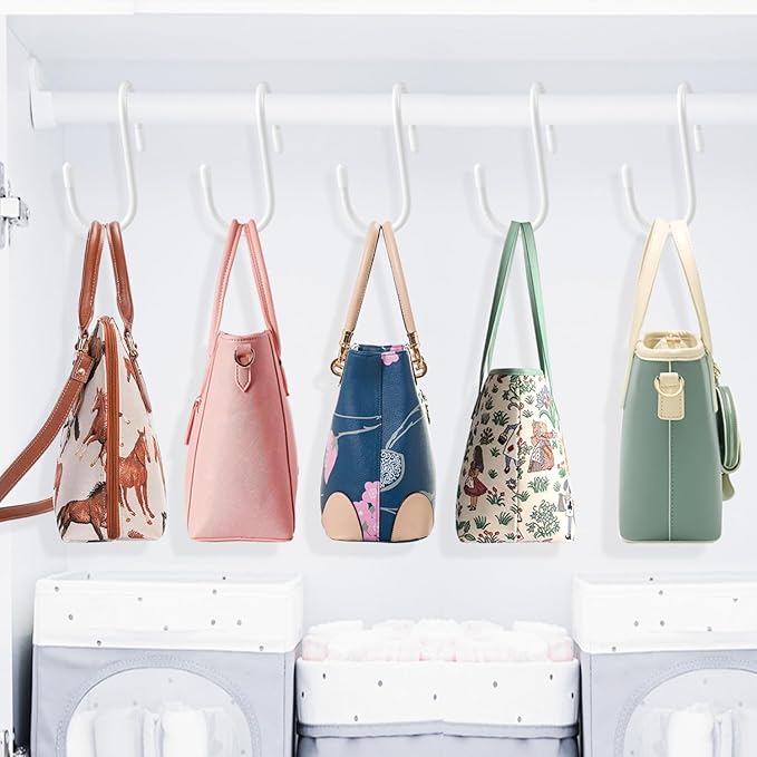 HiGift 12 Pack Purse Hanger for Closet, Unique Twist Design White Vinyl Coated Bag Hooks Organizer hanging, Large Closet Hook
