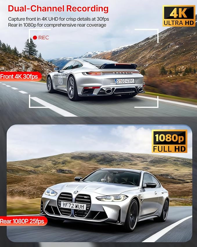 Dash Cam Front and Rear, 4K Full HD Dual Dash Camera for Cars W/ 64GB Card Included, Built-in 5G WiFi & GPS, Car Camera Dashc