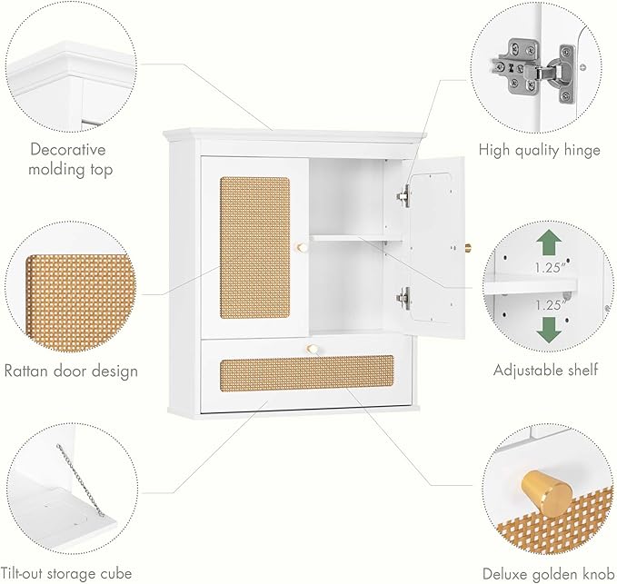 Spirich Bathroom Wall Cabinet Over Toilet, Boho Rattan Medicine Cabinet with Adjustable Shelf, Space-Saving Wall Mount Storag
