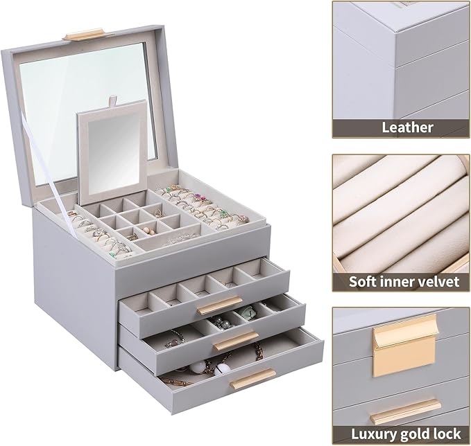 BOOVO Clear Lid Jewelry Box,4 Layers Jewelry Organizer Large Jewelry Storage Box with 3 Drawers,Jewelry Holder Organzier of R