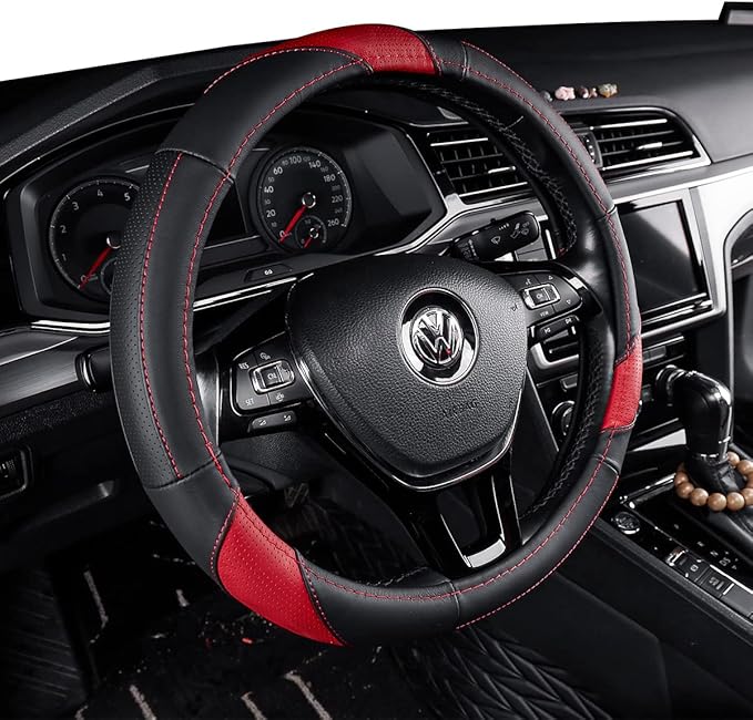 EKR Universal 15 inch Leather Steering Wheel Cover - Genuine Leather, Breathable, Anti Slip & Odor Free (Black/Red, M(14" 1/2-15" 1/4))