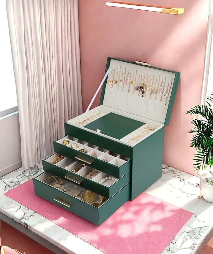 BOOVO Jewelry Boxes for Women, 5 Layer Jewelry Organizer with Necklace Hanger and Drawers, Large Jewelry Box for Earrings, Ne
