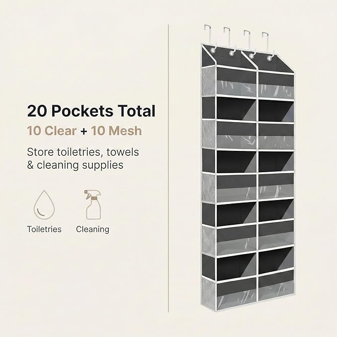 10-Pocket Over the Door Organizer with Heavy-Duty 600D Oxford Fabric, Upgraded Hooks with Silicone Protectors for Dorm, Close