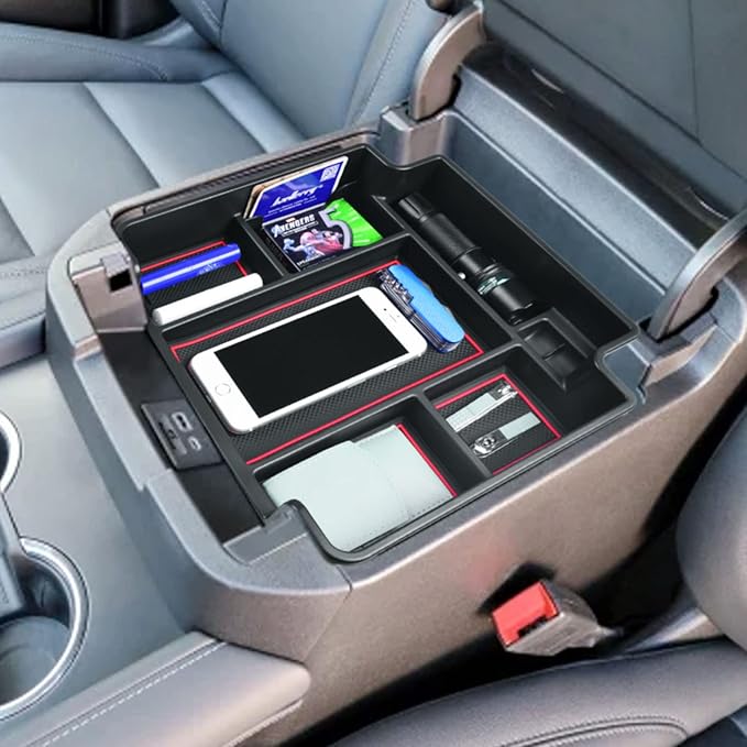 EDBETOS Center Console Organizer Tray for 2021-2026 Chevy Tahoe/Suburban and 21-2024 GMC Yukon Accessories, Fit Standard Console with Charging Socket Only, NOT for Power Sliding Console, Red