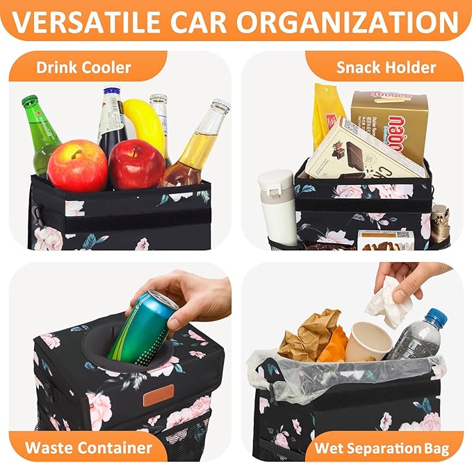 Car Trash Can for Car Cute,Bag Bin Hanging Waterproof Automotive Garbage Cans Leak Proof Vehicle Trash Can Black Floral