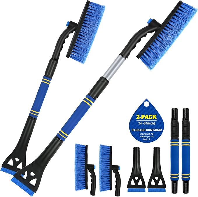 BFONS 2Pack Ice Scrapers for Car Windshield, 2-in-1 Snow Scraper and Snow Brush for Car SUV Truck, Car Ice Windshield Scraper for Ice and Snow with 360° Pivoting Brush and Ergonomic Foam Grip Blue