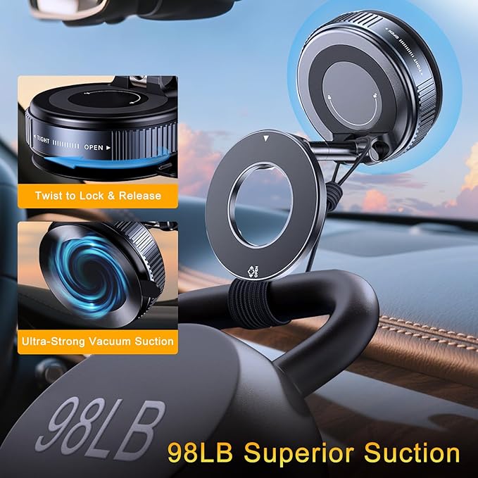 for Magsafe Car Mount, [2800gf Magnetic & 98LBS Strongest Suction] Cup Phone Mount, 360° Adjustable Vacuum Magnetic Phone Holder for Car Gym/Mirror/Smooth Surface, for iPhone 12-17