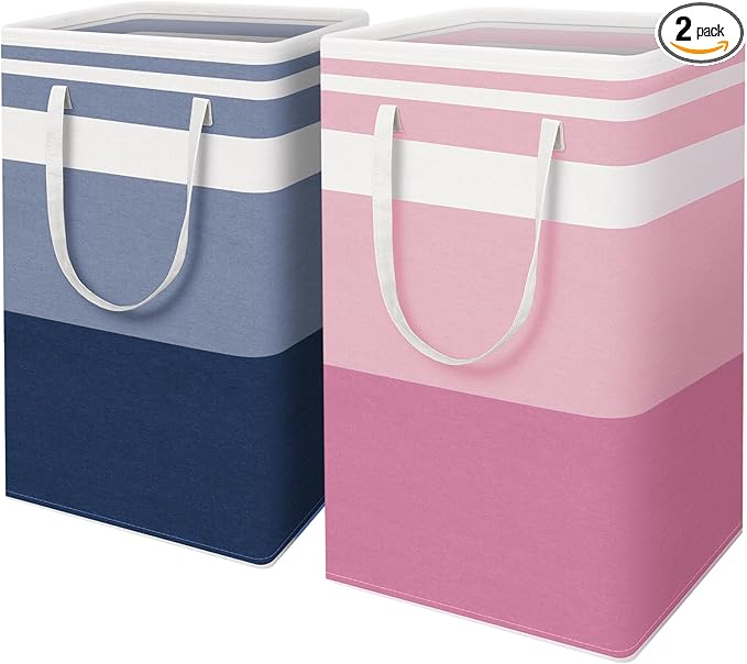 HomeHacks 2 Pack Large Laundry Baskets, Waterproof, Freestanding Laundry Hampers, Collapsible Clothes Hamper with Reinforced 