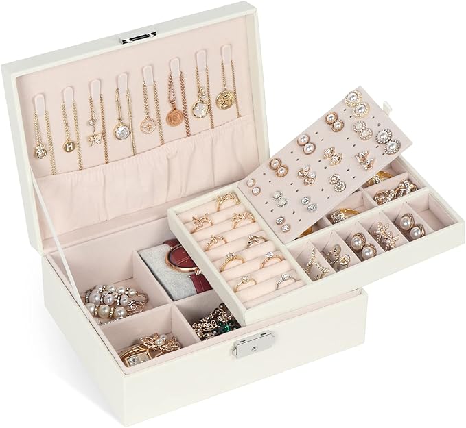 Jewelry Box for Women Girls, 2 Layers Jewelry Organizer Container with Lock, PU Leather Storage Case with Removable Tray, Jew