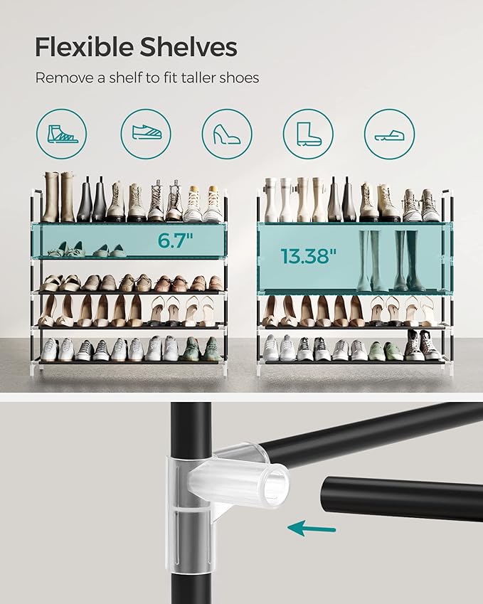 SONGMICS 5-Tier Shoe Rack, Shoe Storage for Hallway Closet, Slim and Space-Saving, Metal Frame, Non-Woven Fabric Shelves, Bla