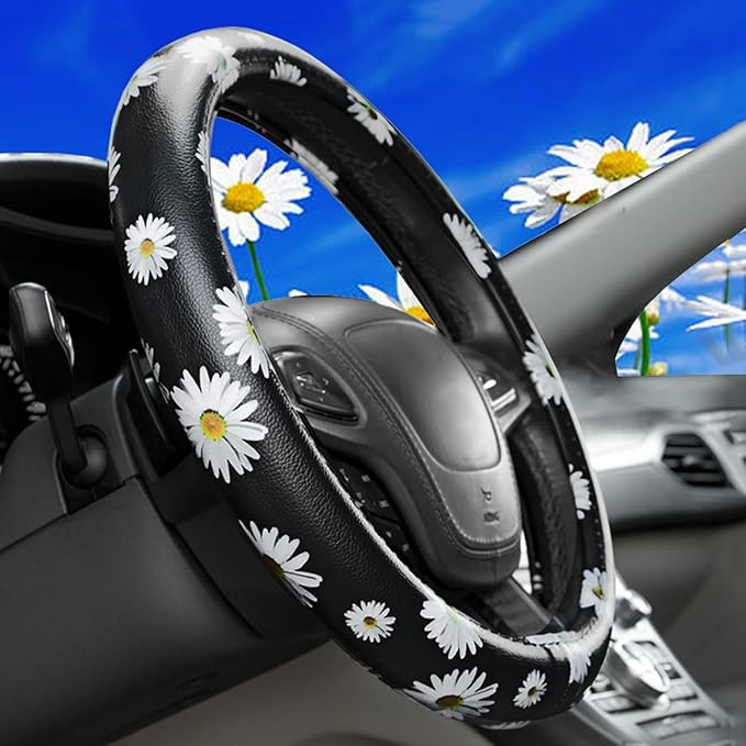 Dotesy Leather Flowers Car Steering Wheel Cover, Fashion Floral Steering Wheel Protector Universal for 36-38cm Anti Slip Auto