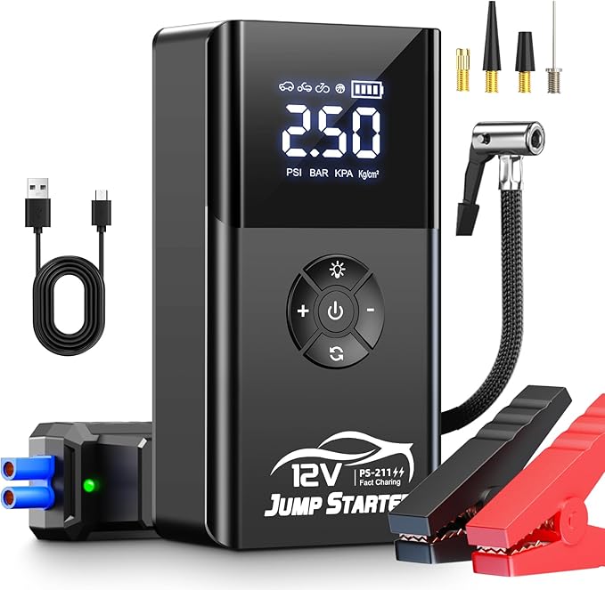 Jump Starter with Air Compressor, 8000A 180PSI, Portable Car Battery Jump Starter (All Gas/12L Diesel) 12V Automobile Jump