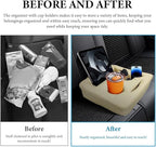 Car Back Seat Organizer, Leather Automotive Rear Seat Couch Cup Holder Expander Tray, Vehicle Cup Holder Tray Holds Snacks Remotes Phones for Truck RV Boat Couch Pillow Bed (Beige)