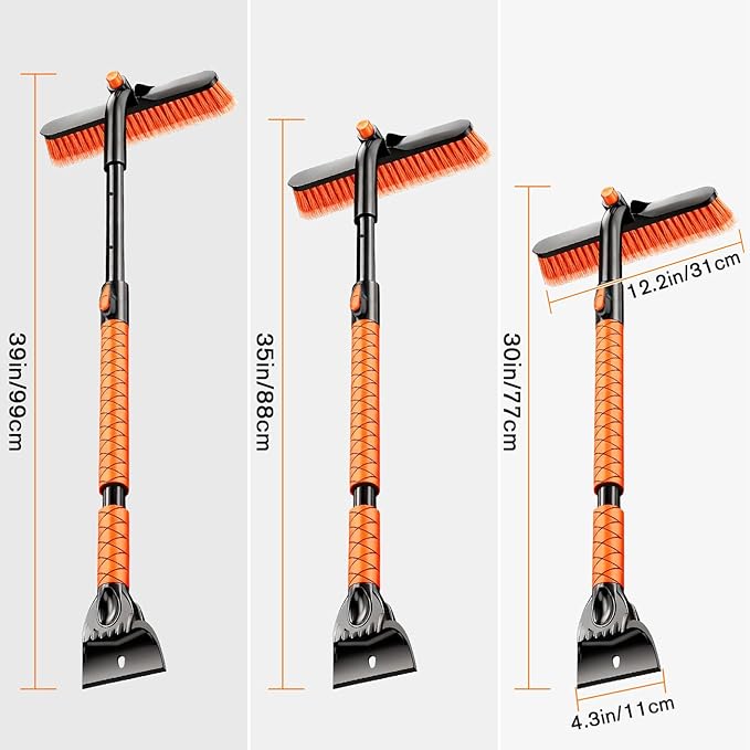 Extendable Snow Brush and Ice Scraper for Car, 30"-35"-39" Adjustable Long Handle & 4.3" Ice Chipper, 360° Pivoting Brush Head & Comfortable Antiskid Grip