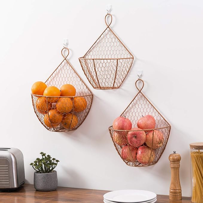 MyGift Set of 3, Farmhouse Copper Metal Wire Mesh Wall Hanging Baskets, Wall-Mounted Storage Basket, Decorative Kitchen Fruit